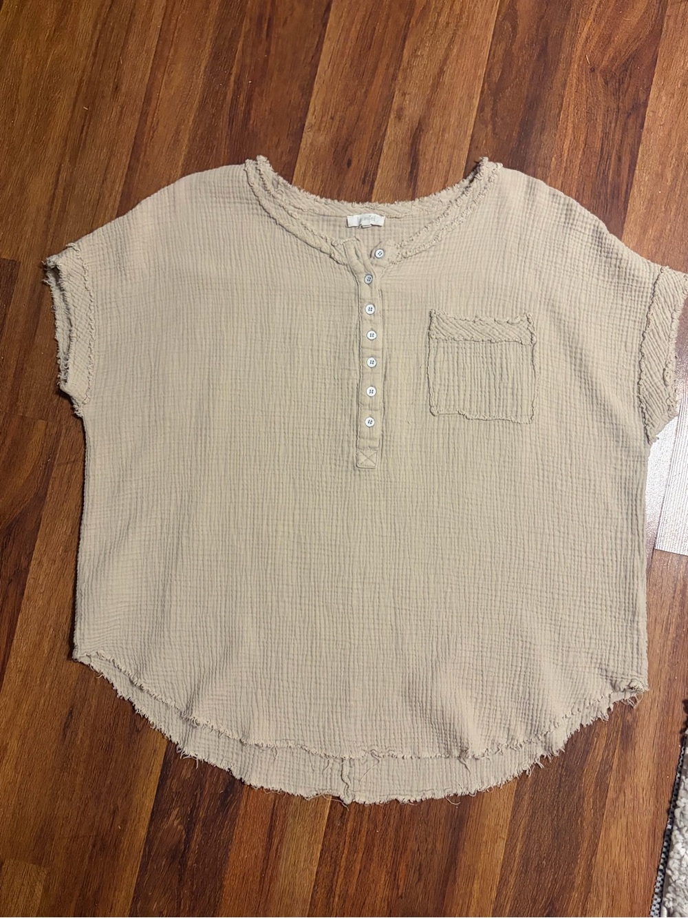 LA MIEL Beige Textured Short-Sleeve Henley with Chest Pocket